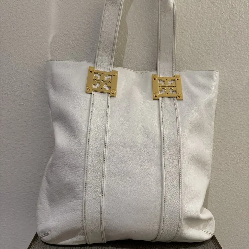 Tory Burch Gareth White Pebbled Leather Bucket Shoulder Tote Bag Gold Hardware